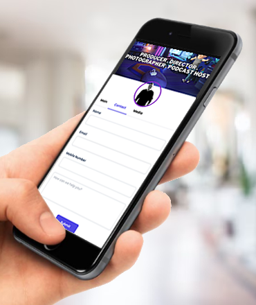 A male left hand holding a mobile phone slightly slanted to the right, displaying the contact form of a uBrand Hub user.