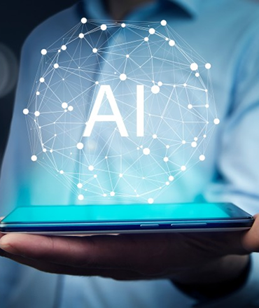 A man holding a mobile phone with blue light emitted from the screen, resulting in a circular sphere of lines with the letters AI in the middle, representing uBrand Hub's AI-powered lead follow-up system.