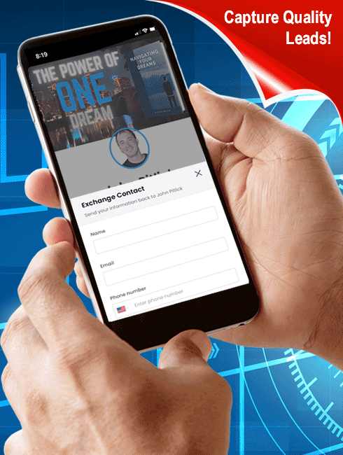 An animated illustration showing the lead acquisition process. The first frame displays hands holding a mobile phone with a contact form on a digital hub. It then transitions to a smiling man holding a laptop, indicating the acquisition of new leads from his digital hub's contact form.