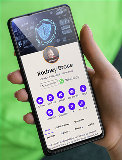 A female right hand holding a mobile phone tipped -5 degrees, displaying a digital business card of a CEO.