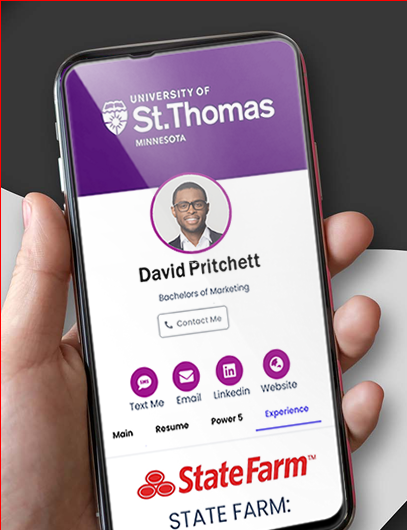 A male left hand holding a mobile phone tipped -5 degrees showing an example of Hub, or digial business card, showing a college student as the owner of a hub.