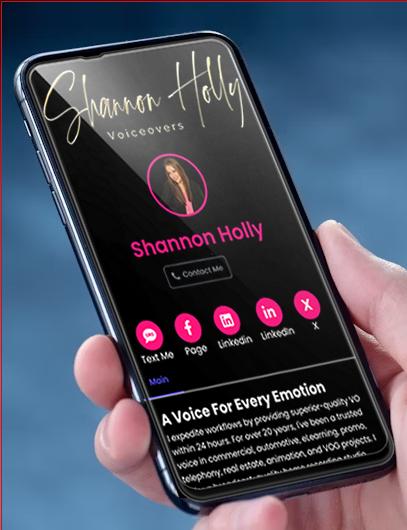 A white male right hand holding a mobile phone tipped -5 degrees, displaying a voiceover artist using uBrand Hub's digital service.